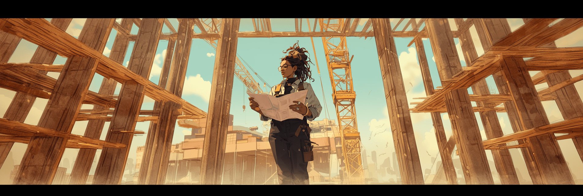 Cette image représente Séverine électricienne en train de lire un plan sur un chantier en contruction