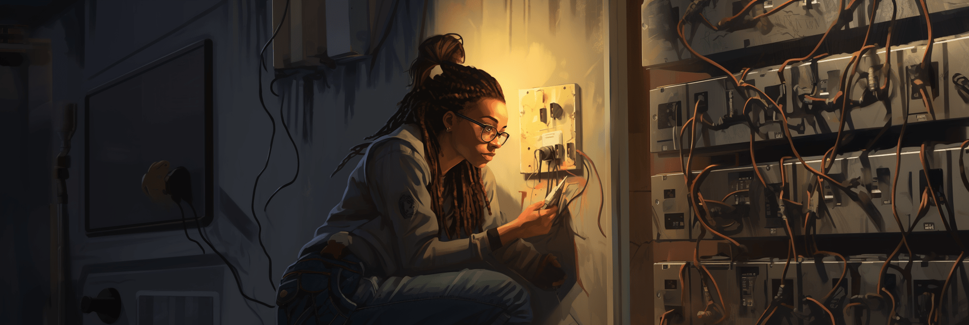 Cette image représente Séverine électricienne qui fait un dépannage sur un petit tableau électrique