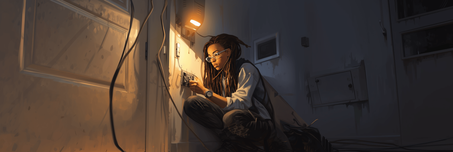 Cette image représente Séverine électricienne qui fait un dépannage sur une prise électrique