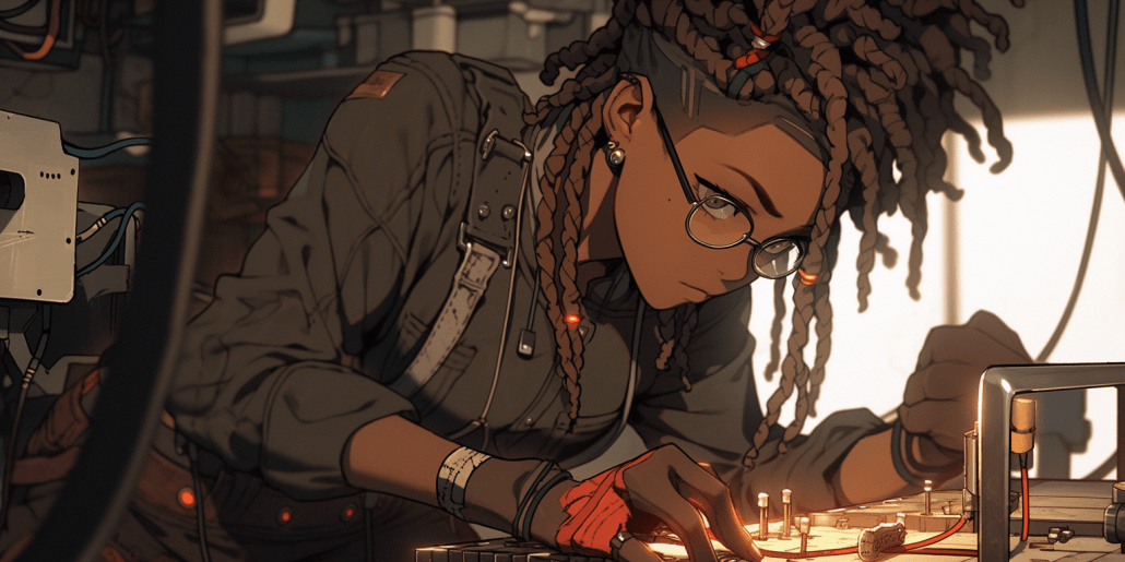 Cette image représente séverine électricienne qui travail sur un plan de travail où est posé un circuit électrique